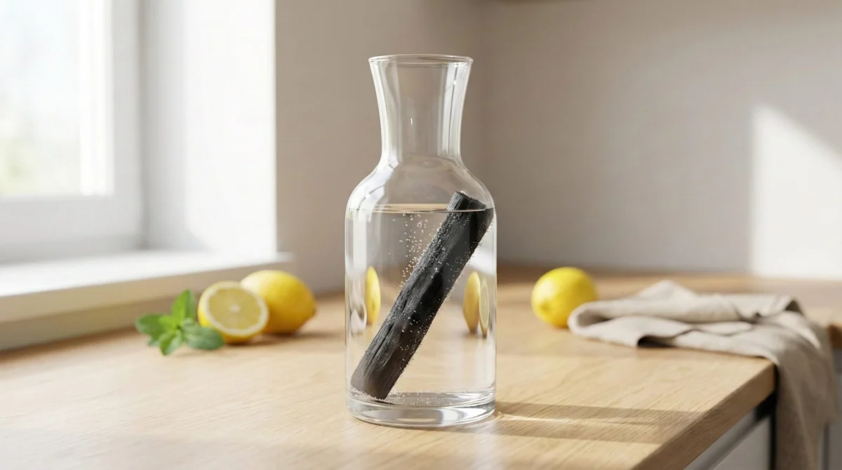Bâton de charbon Binchotan dans une carafe d'eau en verre, sur un plan de travail en bois