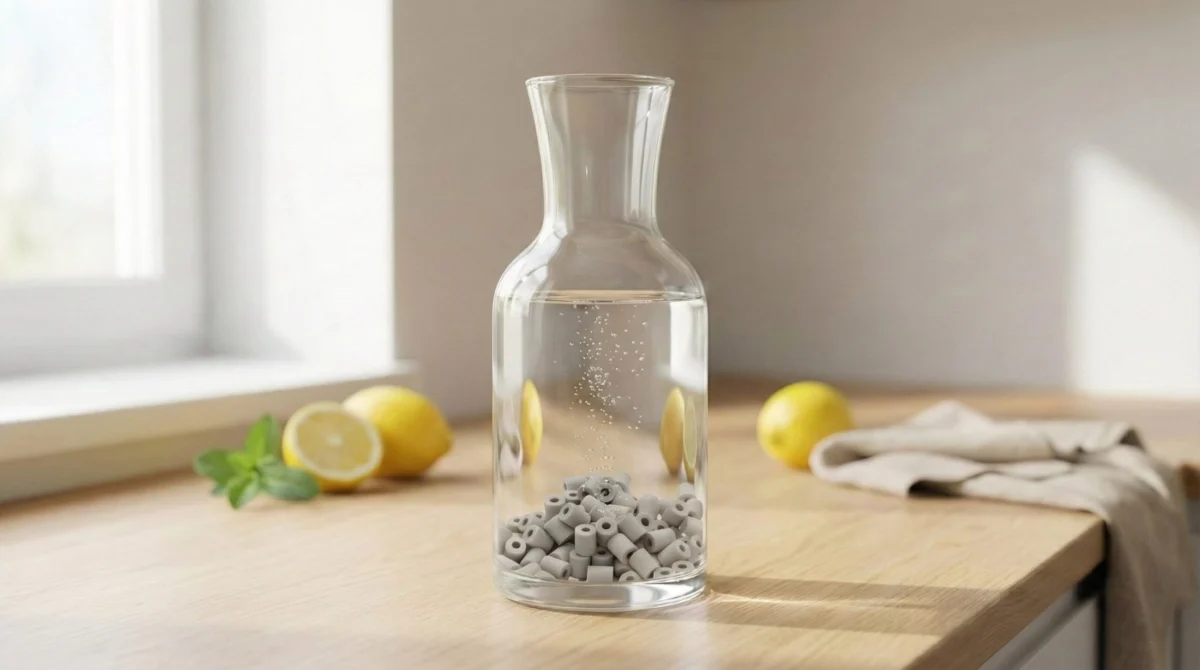 Perles de céramique grises au fond d'une carafe d'eau