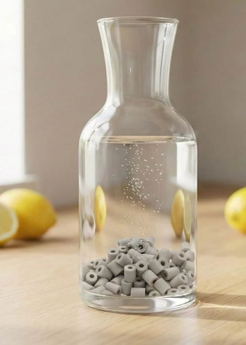 Des perles de céramique au fond d'une carafe d'eau