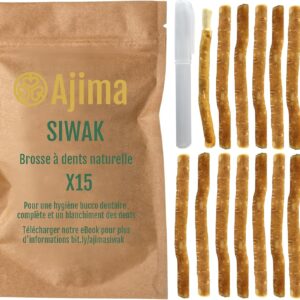 Lot de 15 bâtons de siwak naturel avec étui de transport pour hygiène bucco-dentaire zéro déchet - Ajima