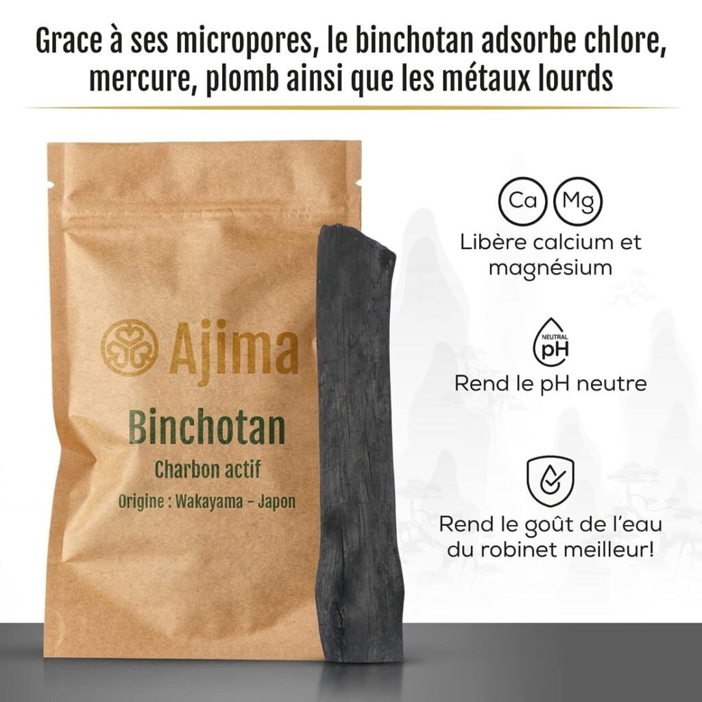 Le Binchotan adsorbe le chlore et une partie des métaux lourds, libère calcium et magnésium