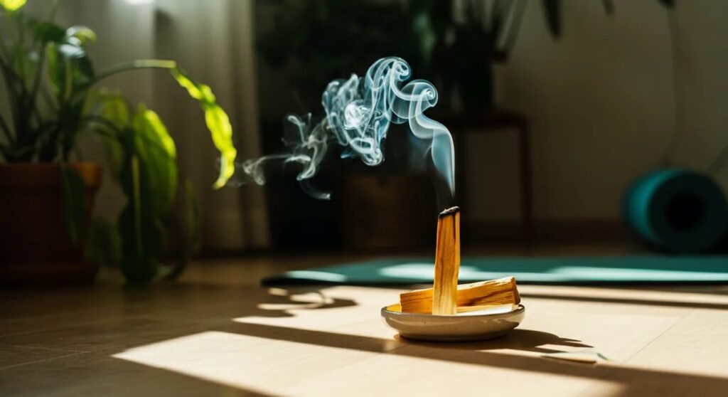 Bâton de Palo Santo fumant sur une coupelle